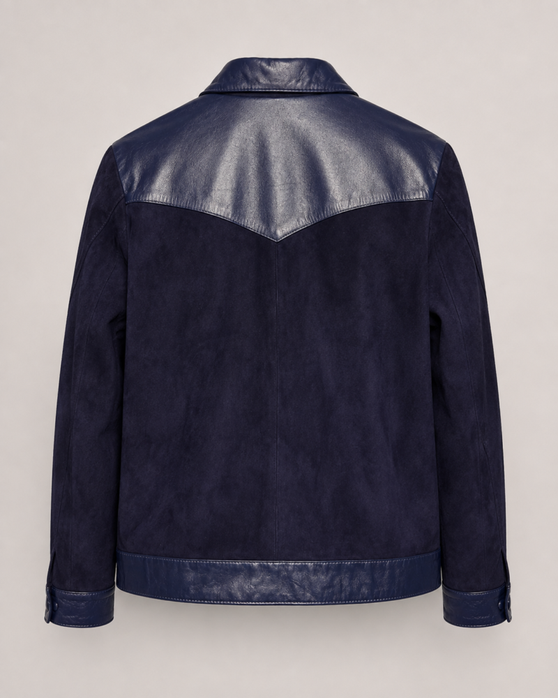 Chaqueta de Gamuza y Cuero-Liso Azul Marino Espalda