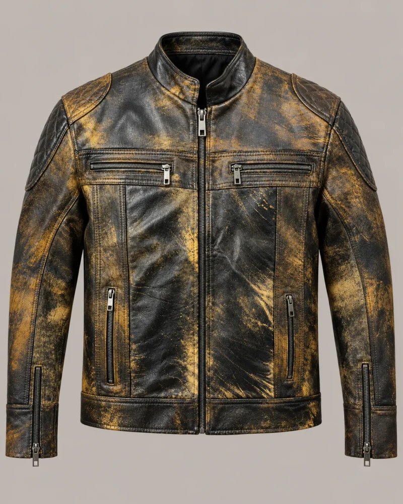 Chaqueta Militar de Cuero Amarillo y Negro para Hombre HERO