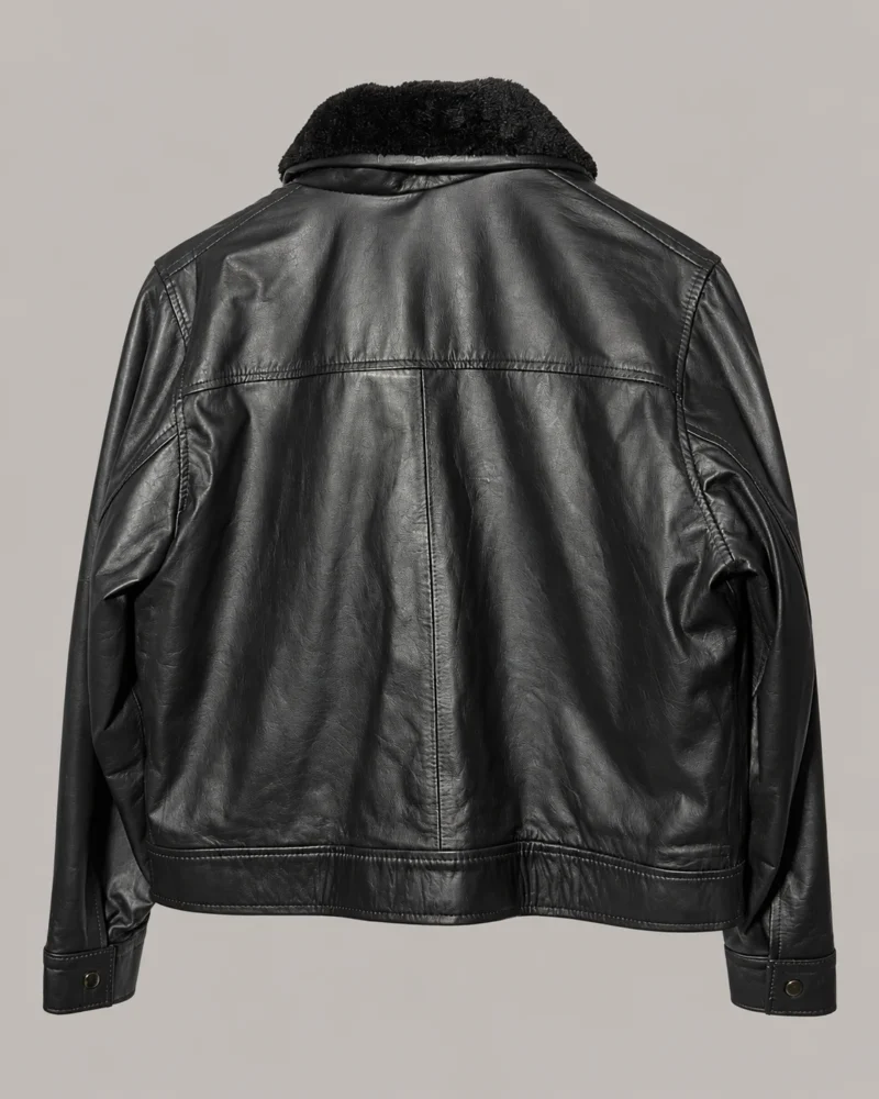 Chaqueta de Cuero Negro con Cuello de Pelo para Hombre Espaldar