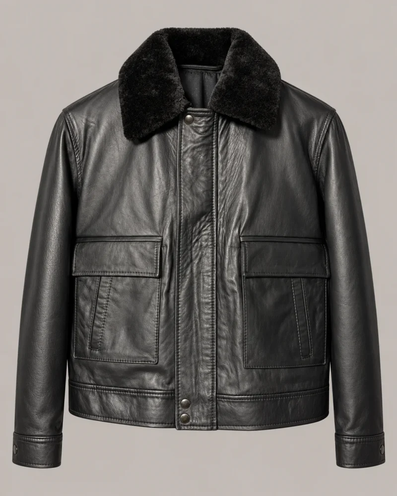 Chaqueta de Cuero Negro con Cuello de Pelo para Hombre Hero